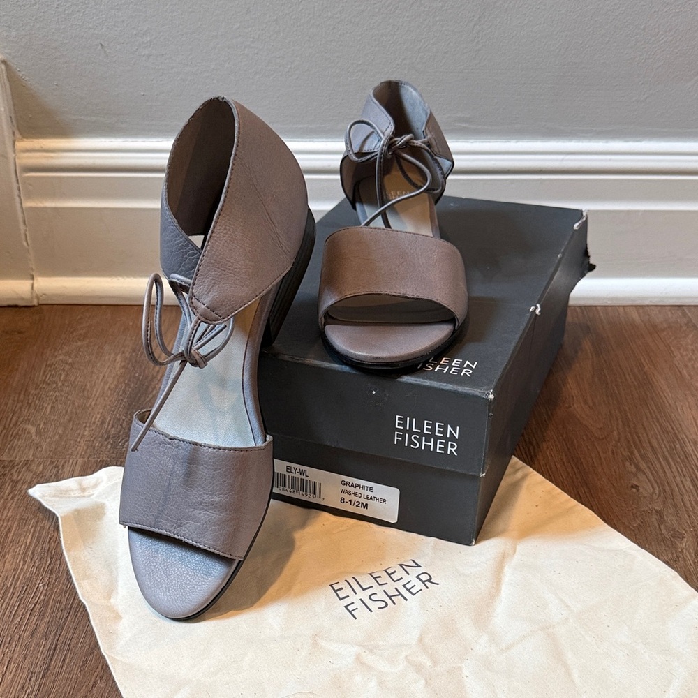 Eileen Fisher Graphite Leather Ankle-Tie Open-Toe Heels